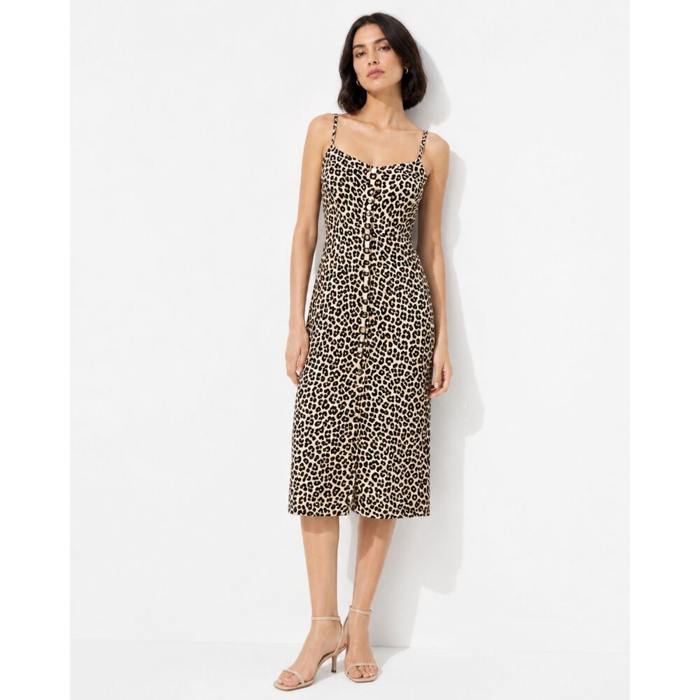 H&M Leopard Print Midi Button Linen Slip Dress Y2K Animal Print Minimalist M